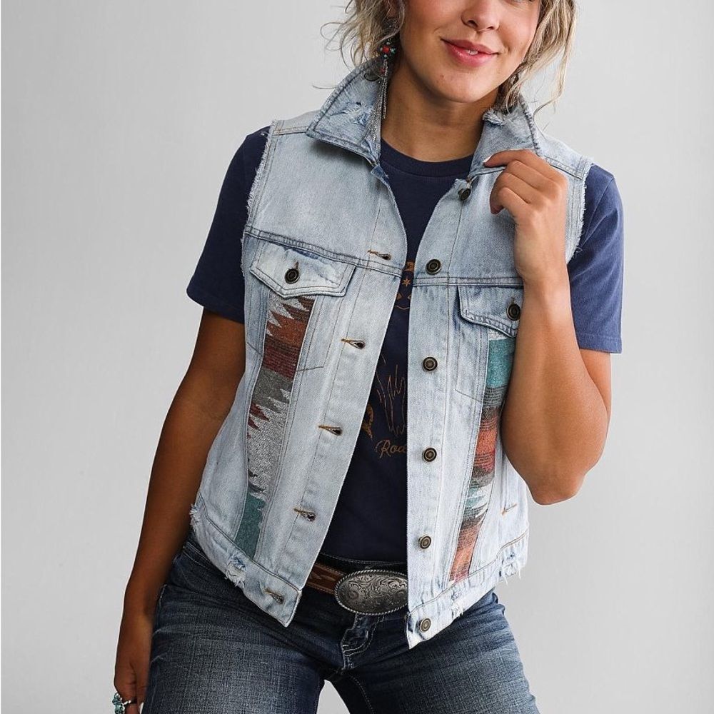 Sterling & Stitch Denim Aztec Distressed Button Front Western Vest Size L